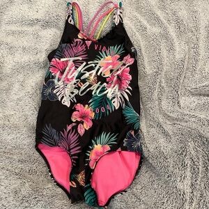 Justice Kids Floral One Piece Swimsuit - Black and Pink